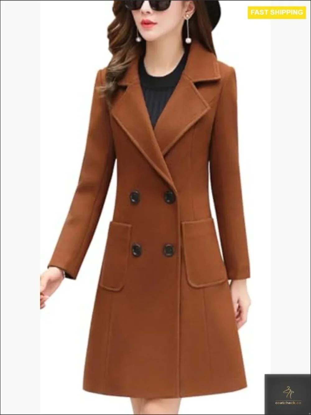 Classic Double Breasted Wool Pea Coat Elegant Notch Collar Overcoat
